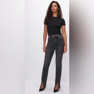 Good American High-Rise Washed Black Straight Jeans with Front Slit